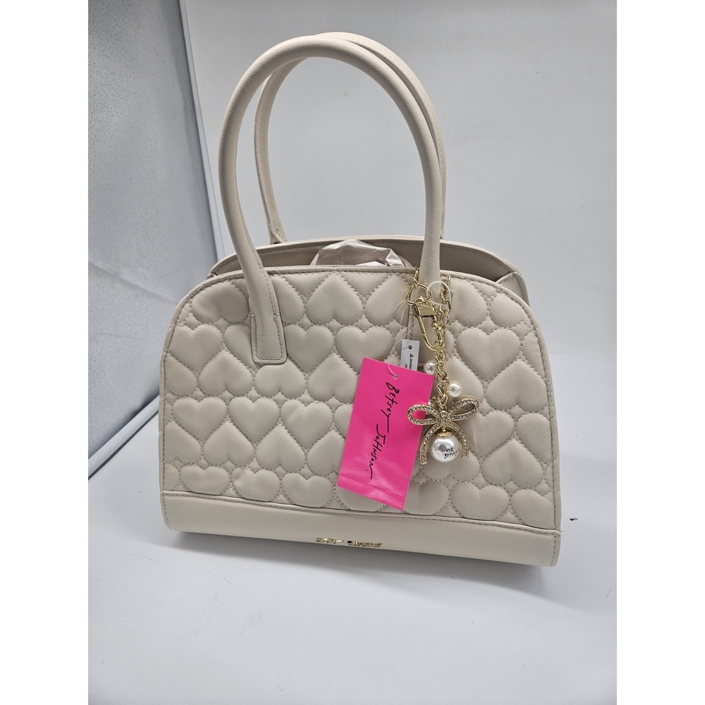 BETSEY Johnson Women's Bag Tote Heart Print  Cream Color Pearl And Bow Charm NWT